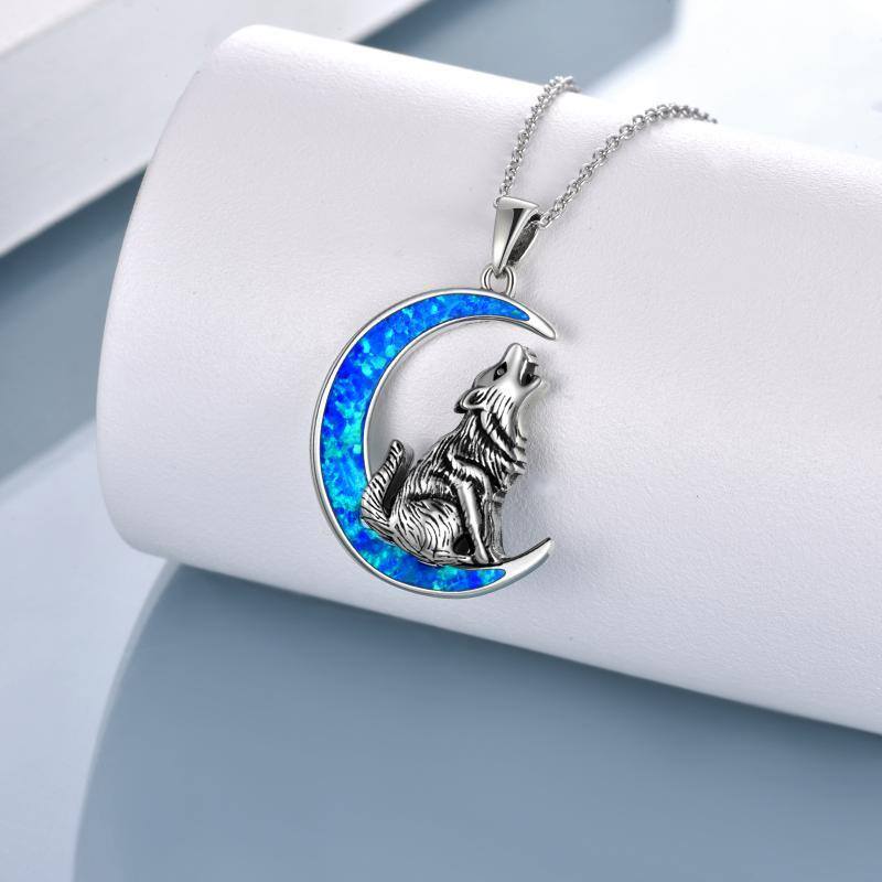 Sterling Silver Opal Wolf & Moon Pendant Necklace-3