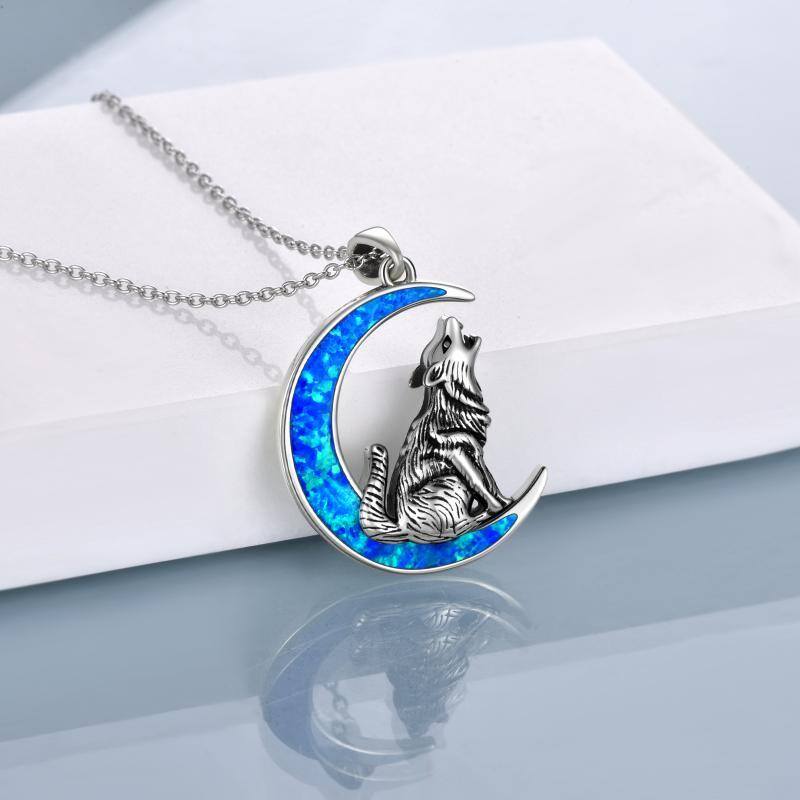 Sterling Silver Opal Wolf & Moon Pendant Necklace-4