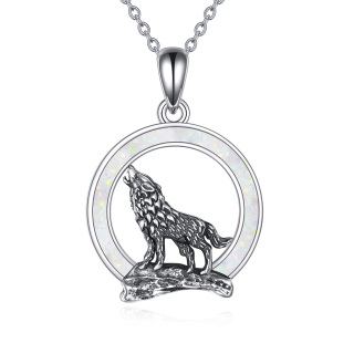 Sterling Silver Opal Wolf Pendant Necklace-11