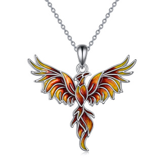 Sterling Silver Orange Glazed Phoenix Pendant Necklace-11