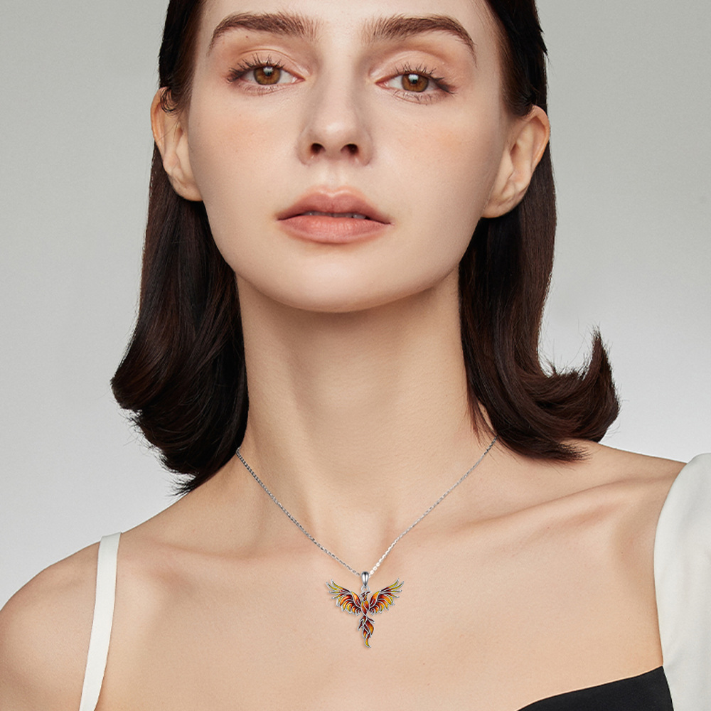 Sterling Silver Orange Glazed Phoenix Pendant Necklace-2