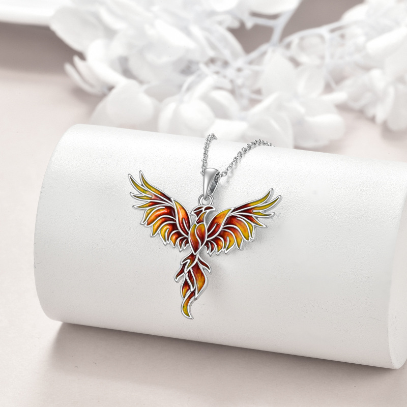 Sterling Silver Orange Glazed Phoenix Pendant Necklace-3