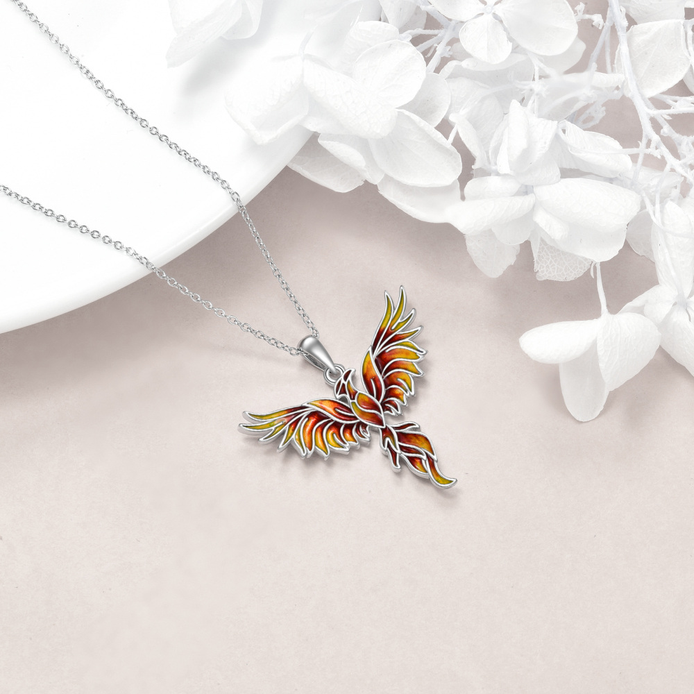 Sterling Silver Orange Glazed Phoenix Pendant Necklace-4