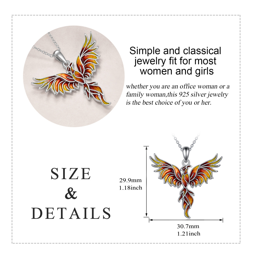 Sterling Silver Orange Glazed Phoenix Pendant Necklace-5