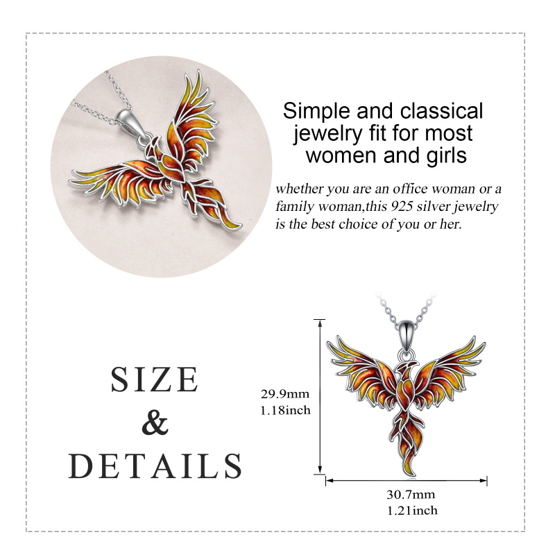 Sterling Silver Orange Glazed Phoenix Pendant Necklace-5