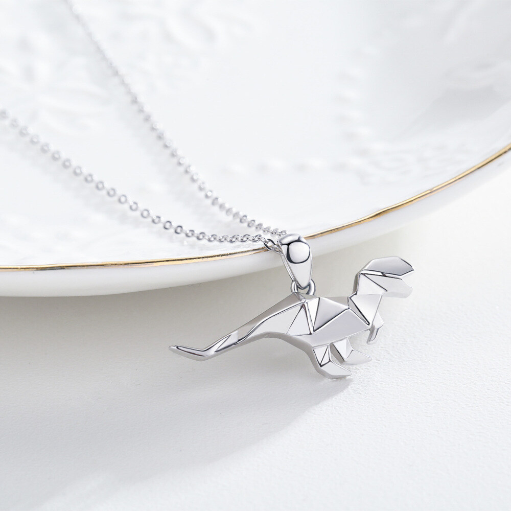 Sterling Silver Origami Dinosaur Pendant Necklace-4
