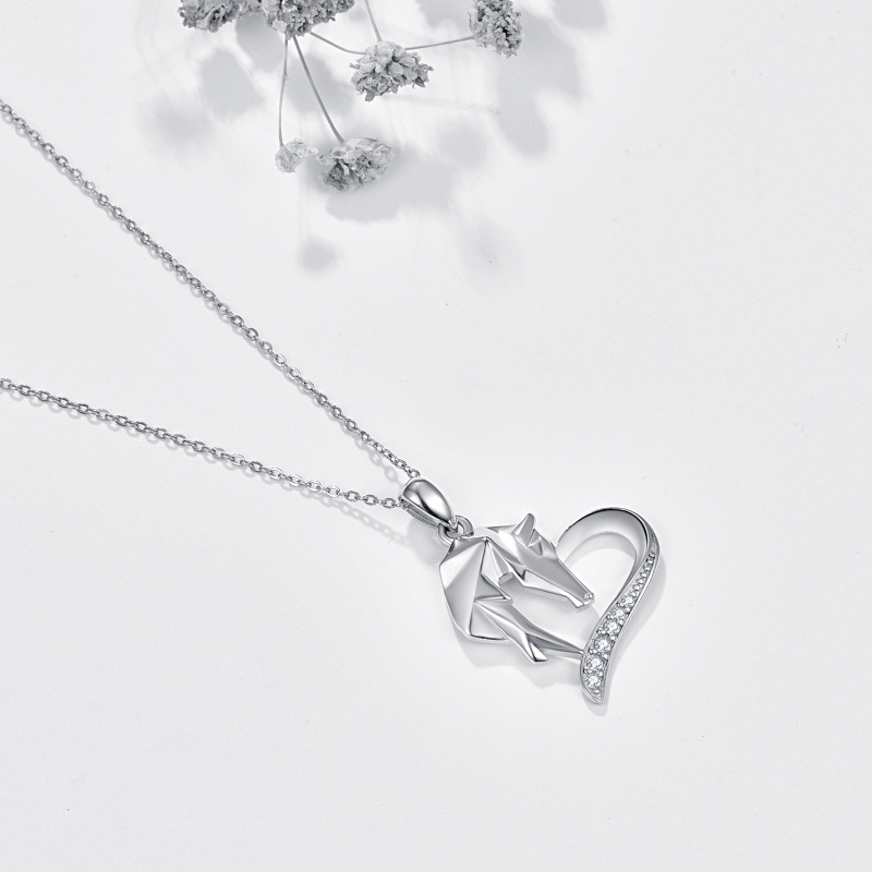 Sterling Silver Origami Horse Heart Pendant Necklace-3