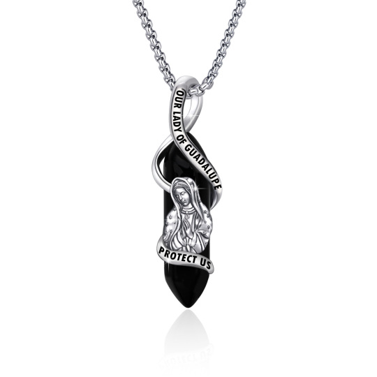 Sterling Silver Our Lady Of Guadalupe Crystal Pendant Necklace with Engraved Word