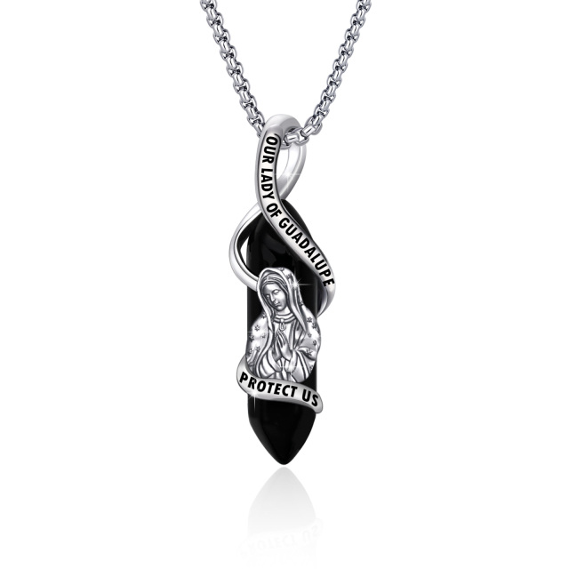 Sterling Silver Our Lady Of Guadalupe Crystal Pendant Necklace with Engraved Word-2