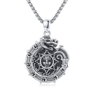 Sterling Silver Ouroboros & Aztec Calendar Pendant Necklace for Men-2