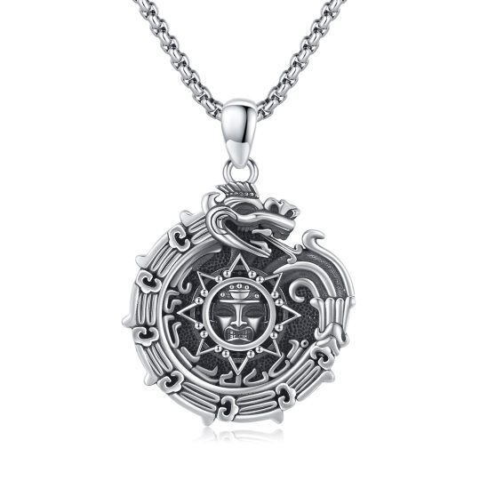 Sterling Silver Ouroboros & Aztec Calendar Pendant Necklace for Men