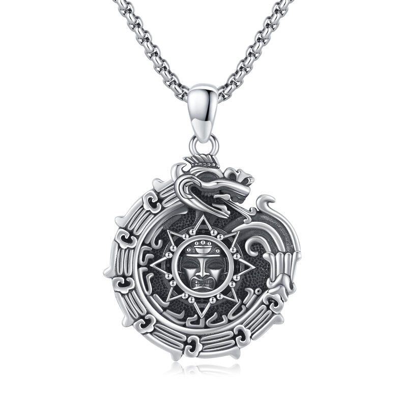 Sterling Silver Ouroboros & Aztec Calendar Pendant Necklace for Men-1