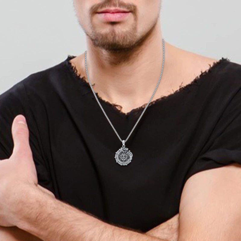 Sterling Silver Ouroboros & Aztec Calendar Pendant Necklace for Men-2