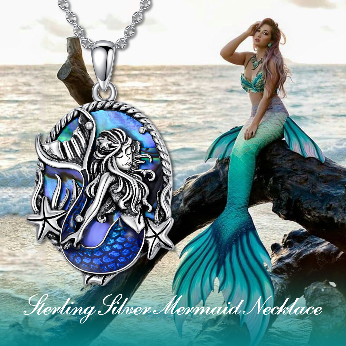 Sterling Silver Oval Abalone Shellfish Mermaid Pendant Necklace-3