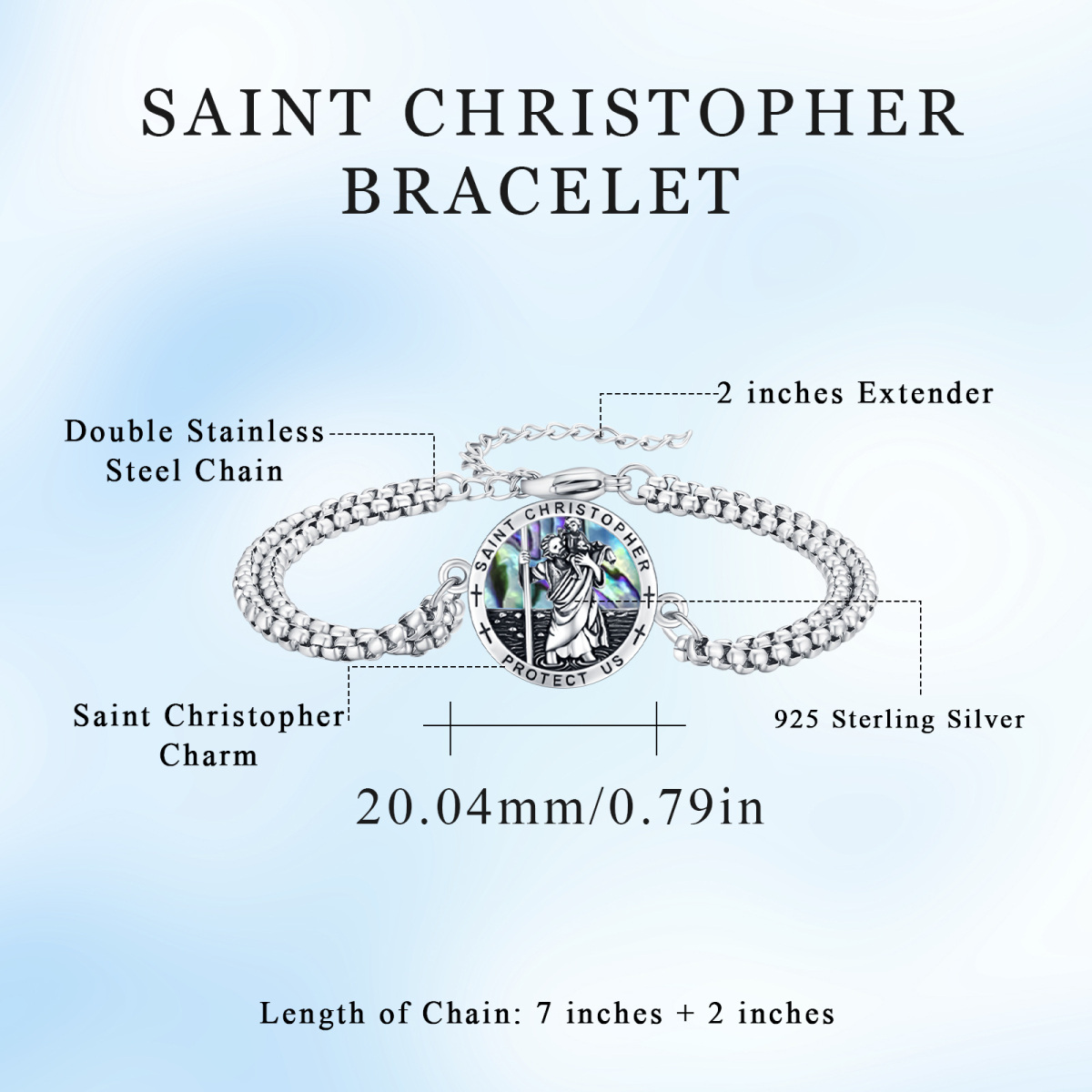 Sterling Silver Oval Abalone Shellfish Saint Christopher Charm Bracelet with Engraved Word-6