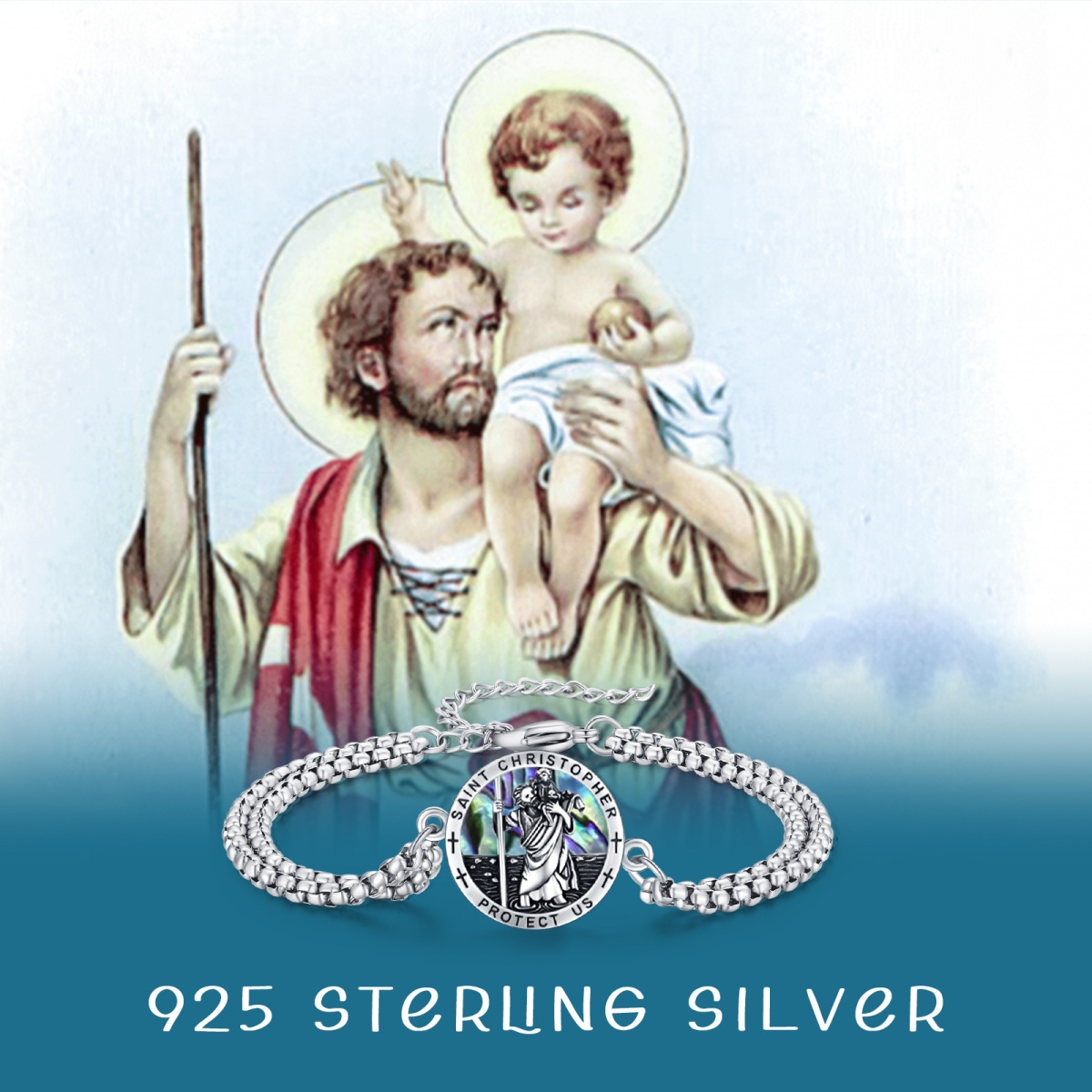 Sterling Silver Oval Abalone Shellfish Saint Christopher Charm Bracelet with Engraved Word-7