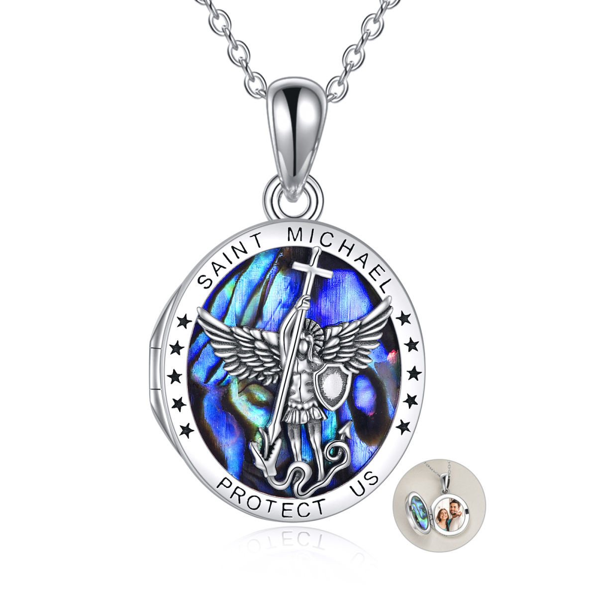 Sterling Silver Oval Abalone Shellfish Saint Michael Personalized Photo Locket Necklace-1