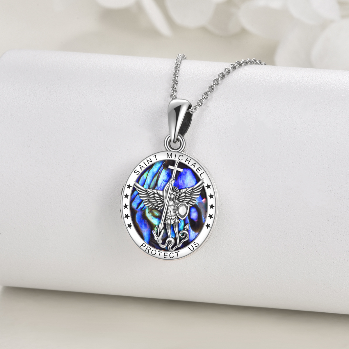 Sterling Silver Oval Abalone Shellfish Saint Michael Personalized Photo Locket Necklace-3