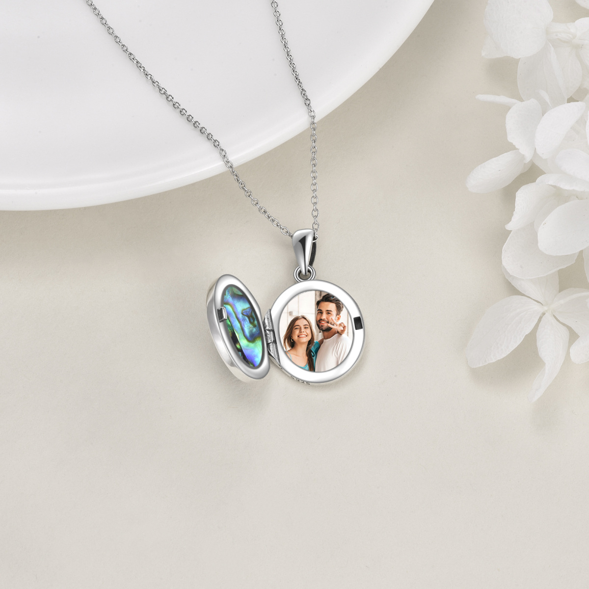 Sterling Silver Oval Abalone Shellfish Saint Michael Personalized Photo Locket Necklace-4