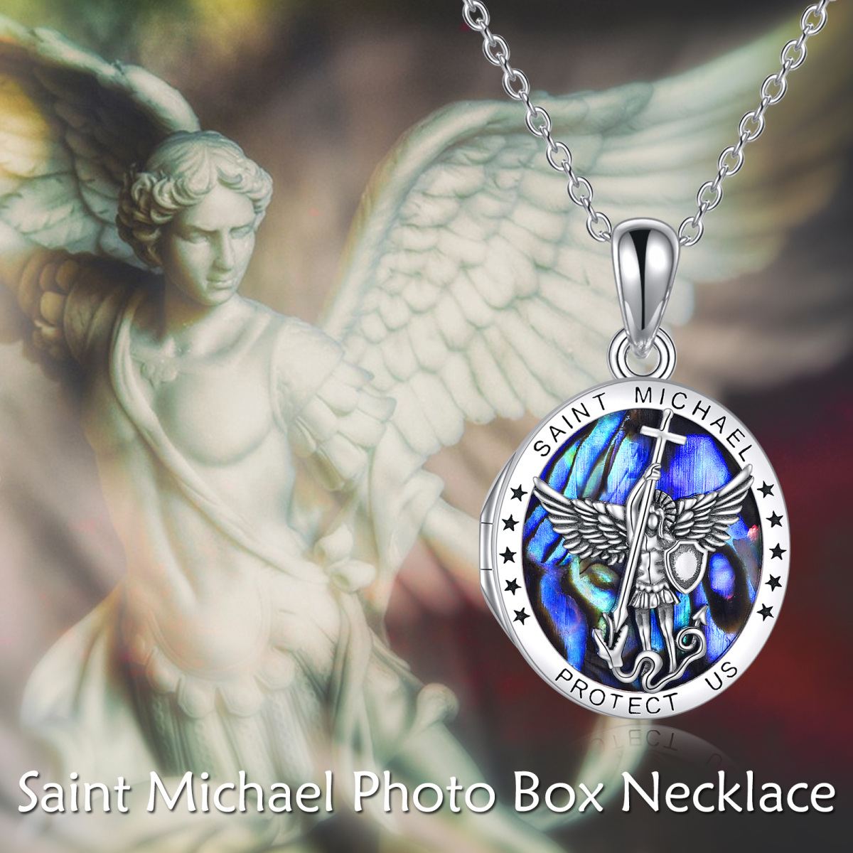 Sterling Silver Oval Abalone Shellfish Saint Michael Personalized Photo Locket Necklace-6