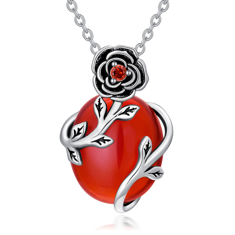 Sterling Silver Oval Agate Rose Pendant Necklace-19