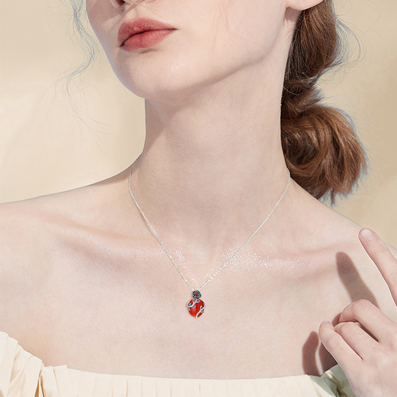Sterling Silver Oval Agate Rose Pendant Necklace-2