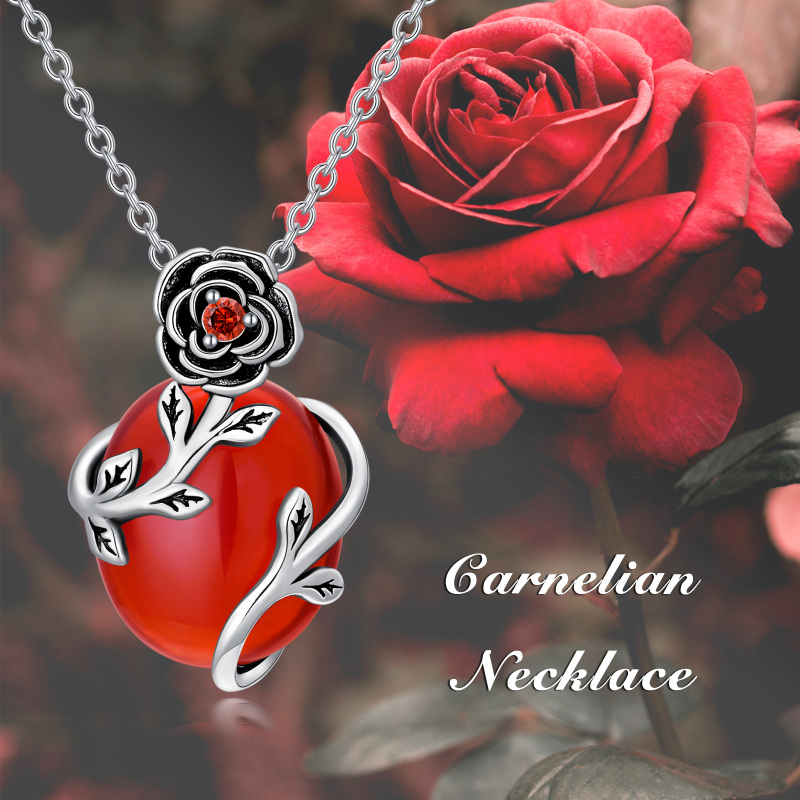 Sterling Silver Oval Agate Rose Pendant Necklace-4