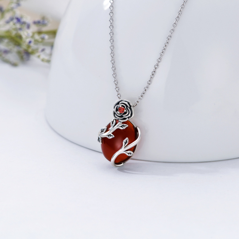 Sterling Silver Oval Agate Rose Pendant Necklace-5