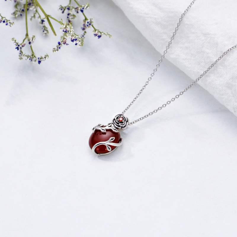Sterling Silver Oval Agate Rose Pendant Necklace-6