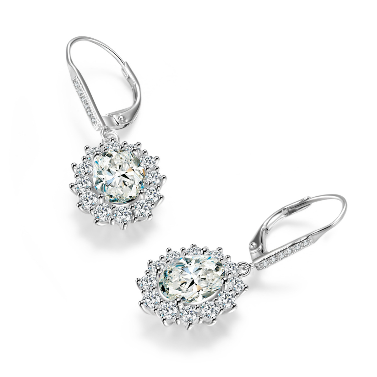 Sterling Silver Oval Cubic Zirconia Flower Lever-back Earrings for Women-3