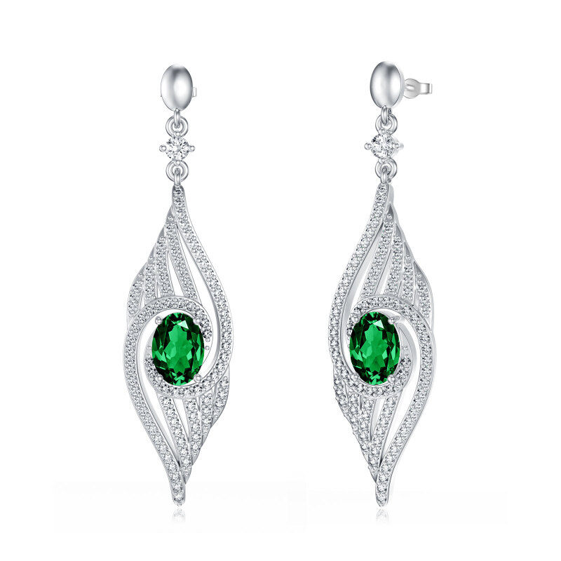 Sterling Silver Oval Lab Grown Emerald Feather Drop Earrings-1