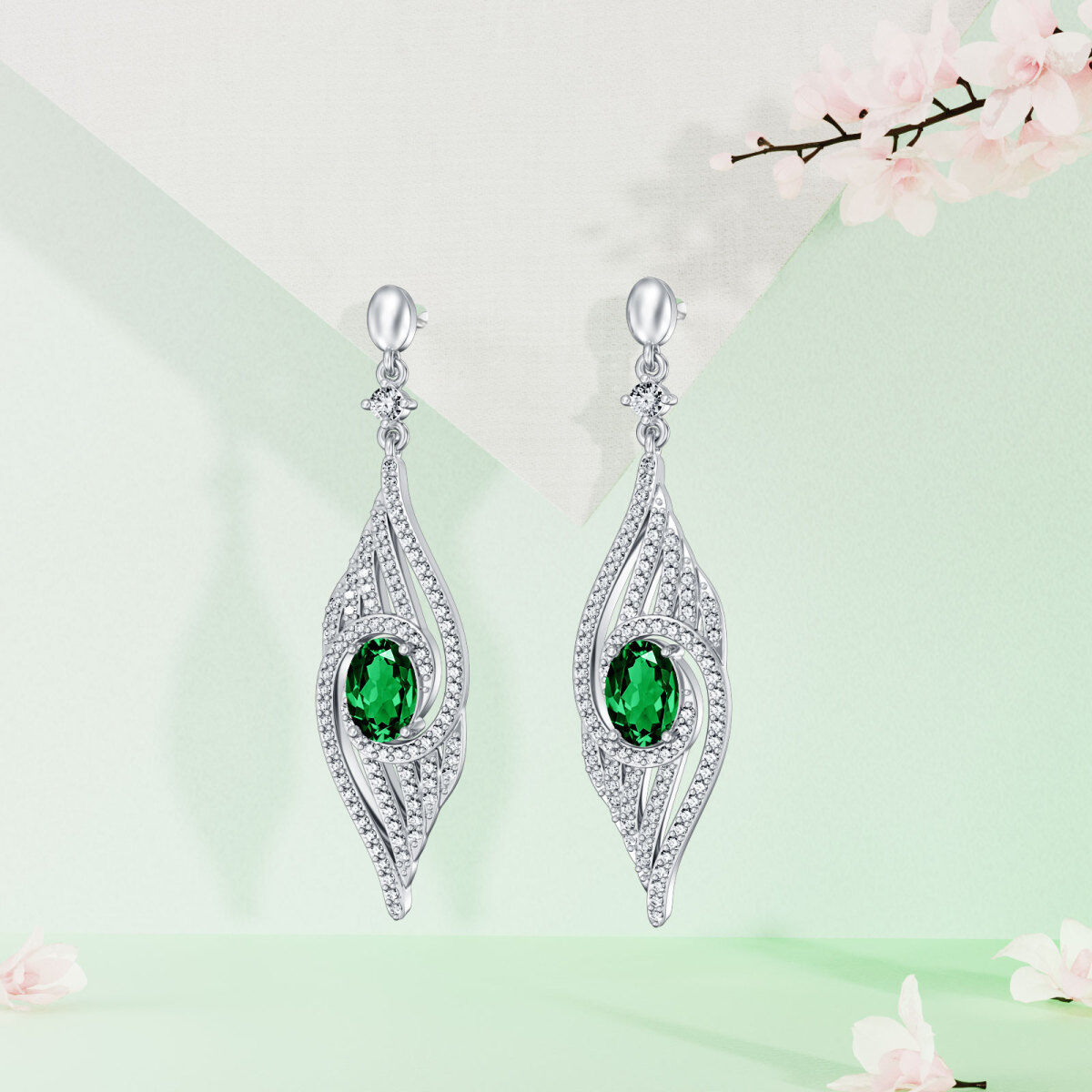 Sterling Silver Oval Lab Grown Emerald Feather Drop Earrings-3