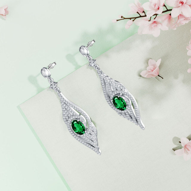 Sterling Silver Oval Lab Grown Emerald Feather Drop Earrings-4