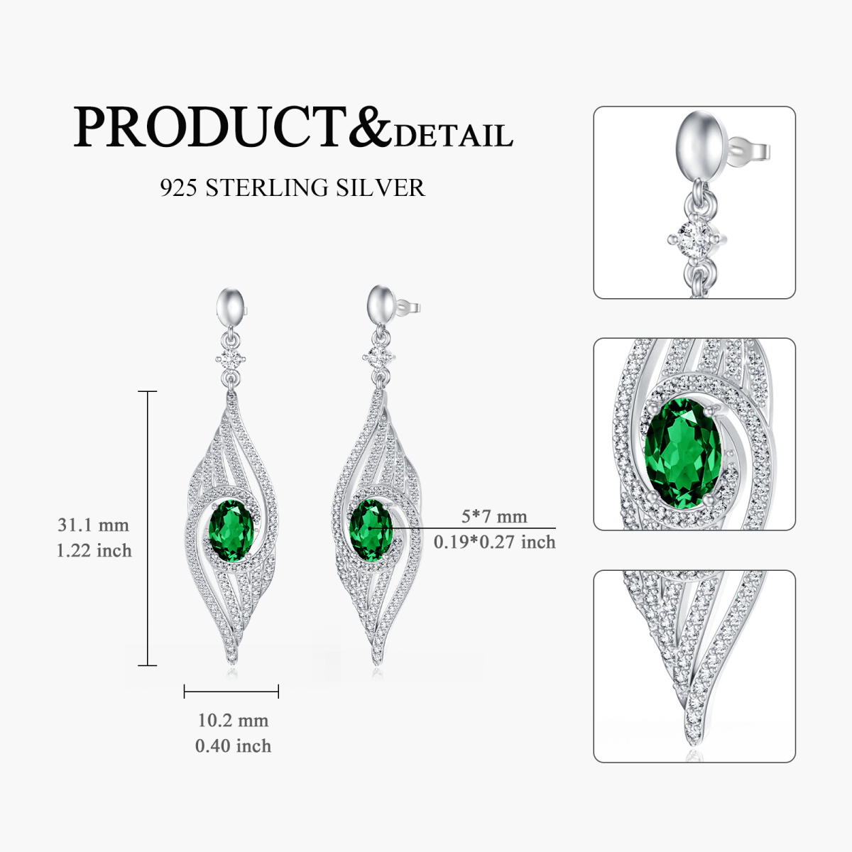 Sterling Silver Oval Lab Grown Emerald Feather Drop Earrings-5