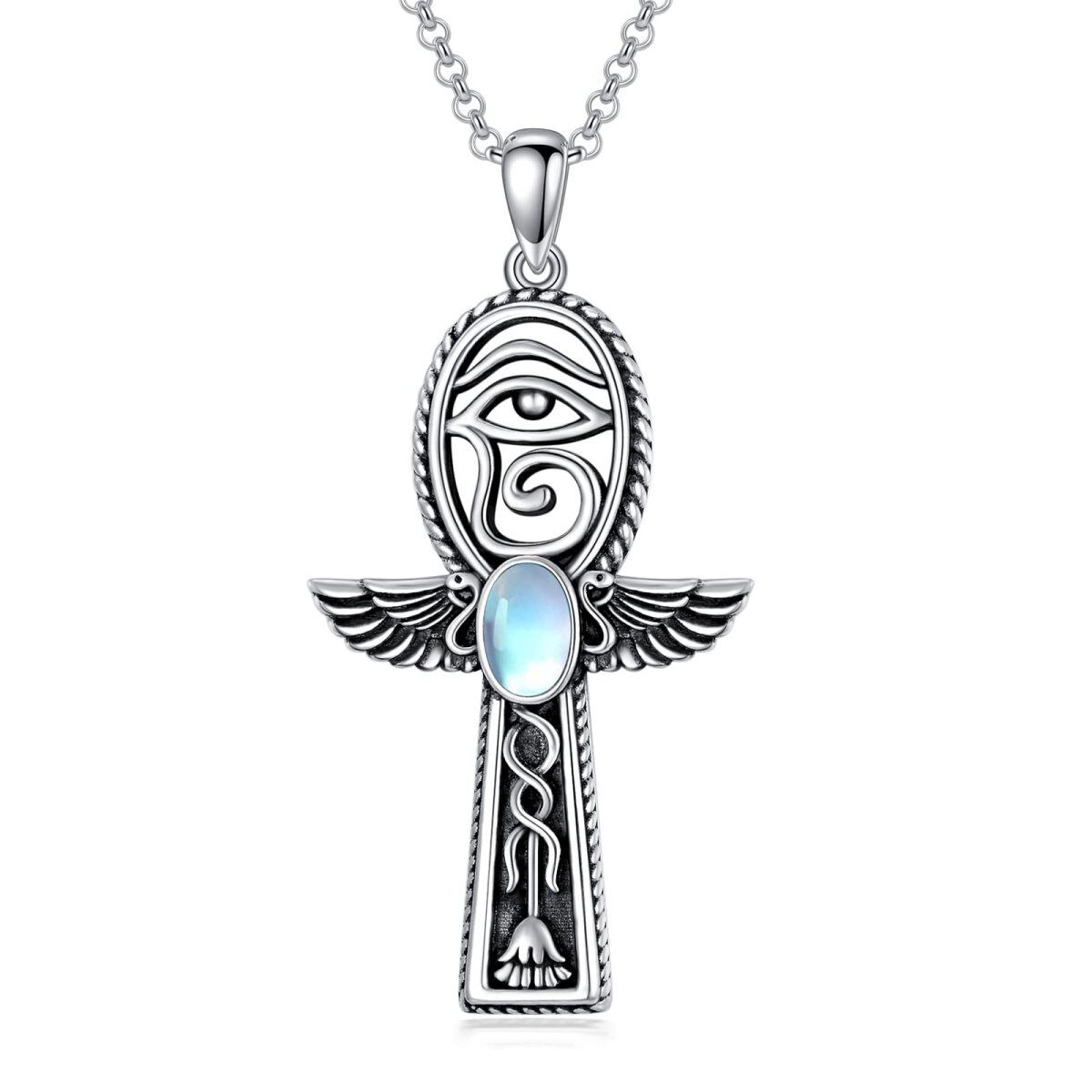 Collier en argent sterling avec pendentif Ankh et Oeil d'Horus en pierre de lune ovale-1