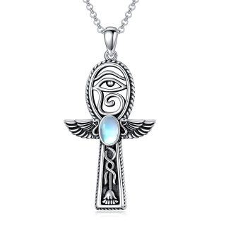 Sterling Silver Oval Moonstone Ankh & Eye Of Horus Pendant Necklace-4