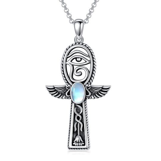 Sterling Silver Oval Moonstone Ankh & Eye Of Horus Pendant Necklace