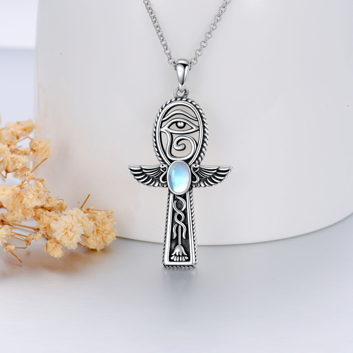 Sterling Silver Oval Moonstone Ankh & Eye Of Horus Pendant Necklace-3