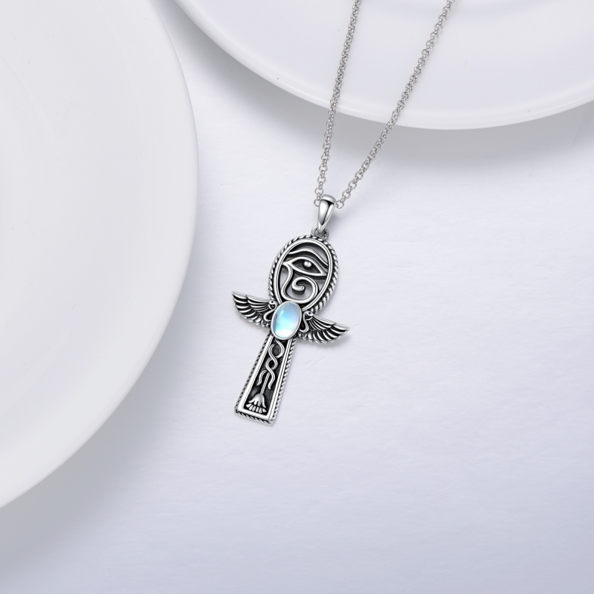 Collier en argent sterling avec pendentif Ankh et Oeil d'Horus en pierre de lune ovale-4