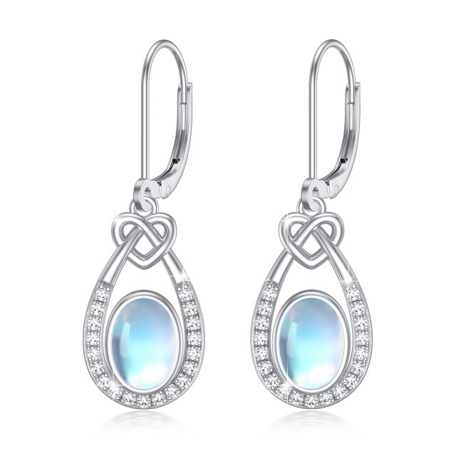 Sterling Silver Oval Moonstone Celtic Knot Drop Lever-back Earrings-1