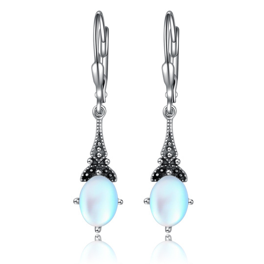 Sterling Silver Oval Moonstone Drop Shape Lever-back Earrings