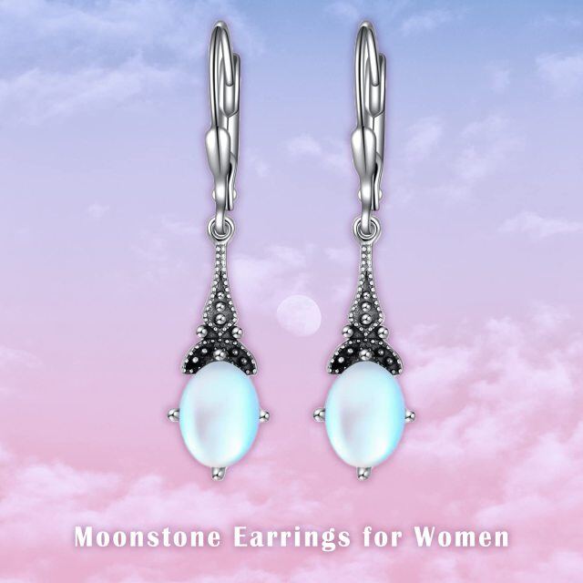 Sterling Silver Oval Moonstone Drop Shape Lever-back Earrings-4