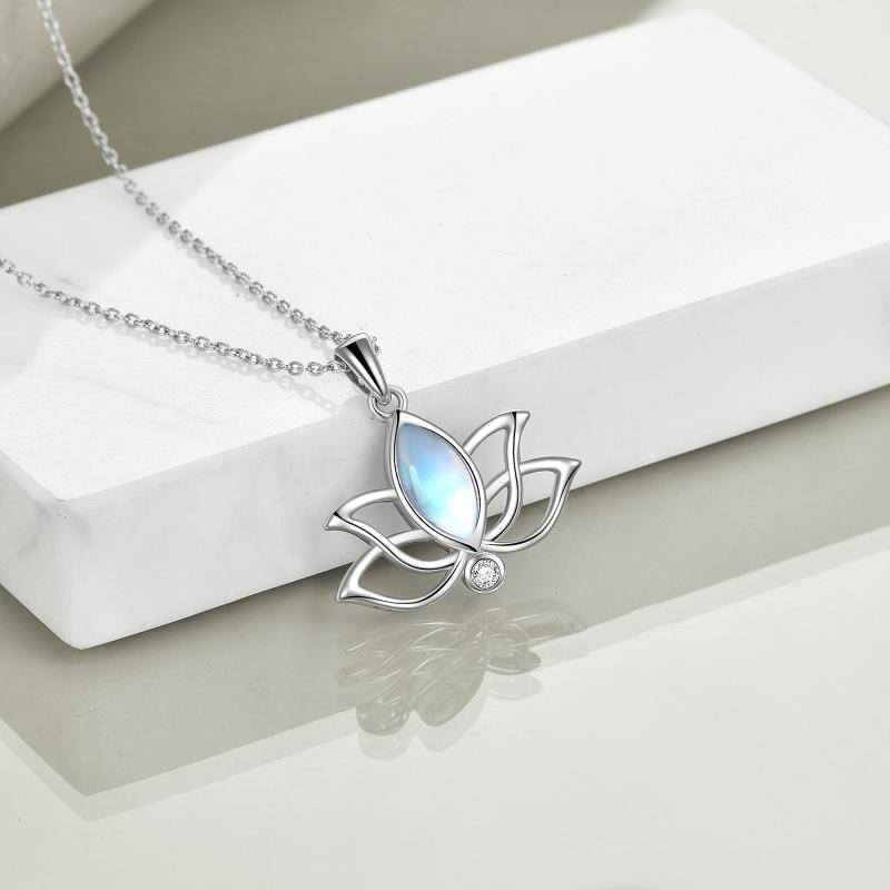 Sterling Silver Oval Moonstone Lotus Pendant Necklace-4