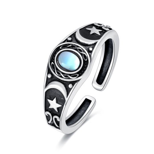 Sterling Silver Oval Moonstone Moon & Star Open Ring