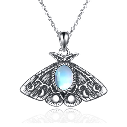 Sterling Silver Oval Moonstone Moth Pendant Necklace