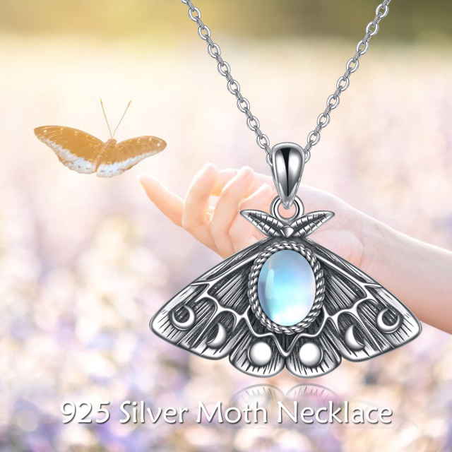 Sterling Silver Oval Moonstone Moth Pendant Necklace-3