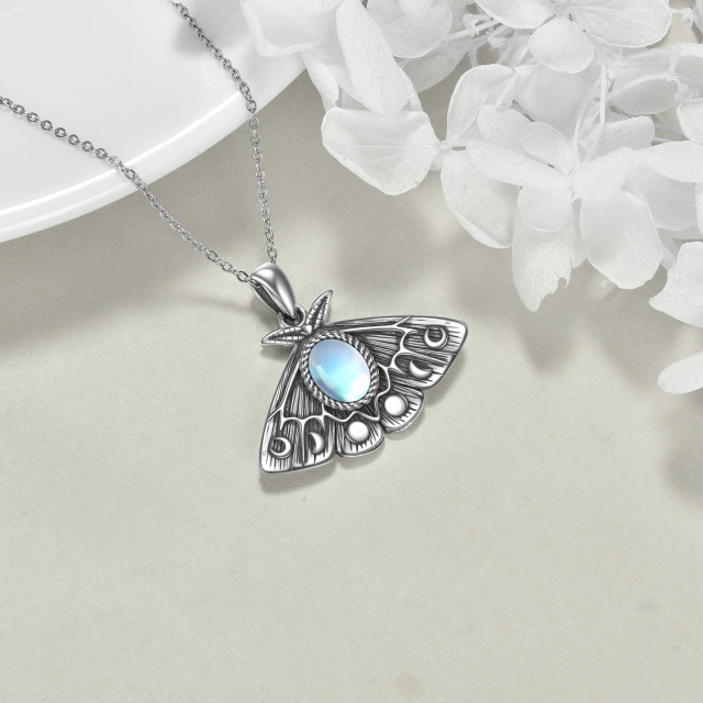 Sterling Silver Oval Moonstone Moth Pendant Necklace-5