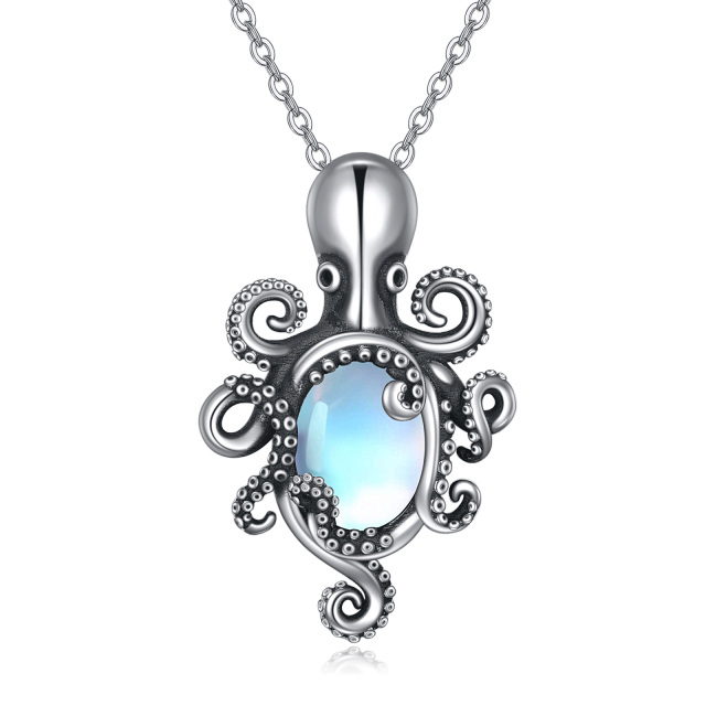 Sterling Silver Oval Moonstone Octopus Pendant Necklace-2