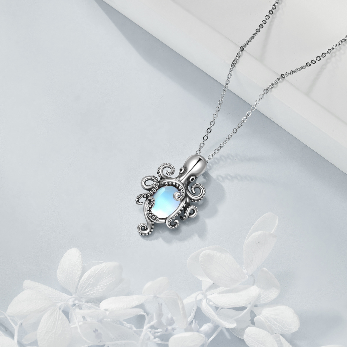 Collier en argent sterling avec pendentif pieuvre en pierre de lune ovale-4