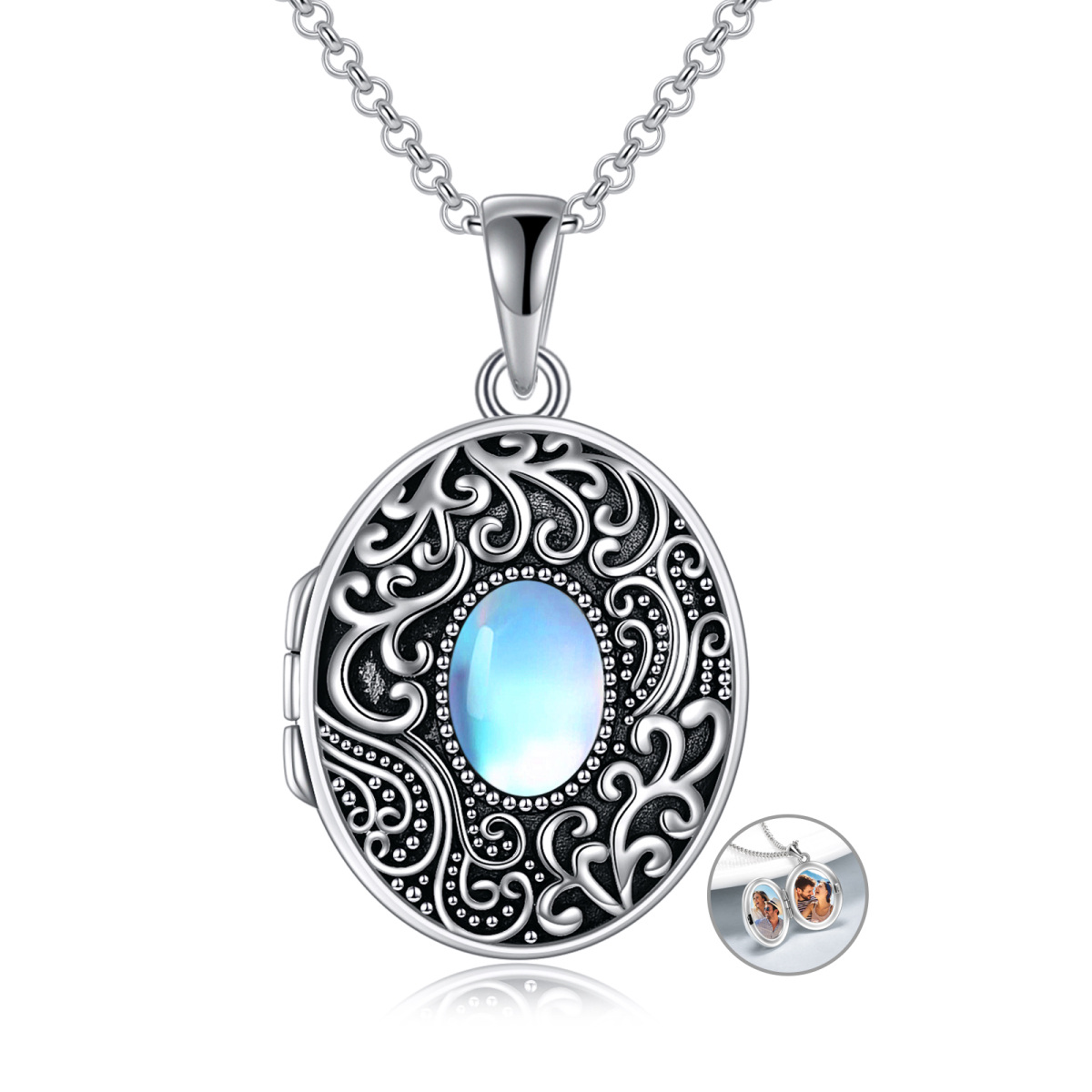 Sterling Silver Oval Moonstone Personalised Photo Locket Necklace With Engraved Word For Unisex-1